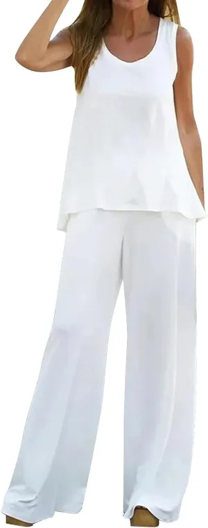 2 Piece Printed Sets For Women Summer Outfits Sleeveless Crewneck Top Wide Leg Pants Vacation Suits 2025 Tracksuits