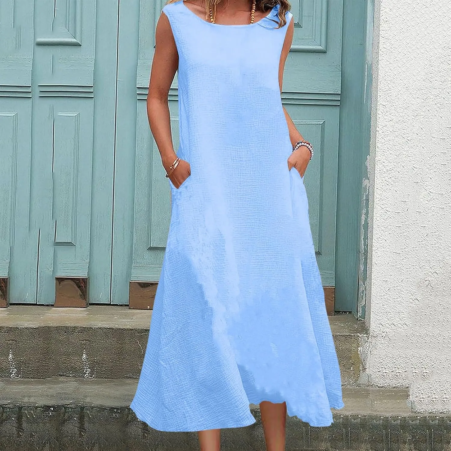 2025 Summer Plus Size Cotton Linen Tank Dress Women Boho Casual Beach Dresses Crew Neck Sleeveless Midi Sundress