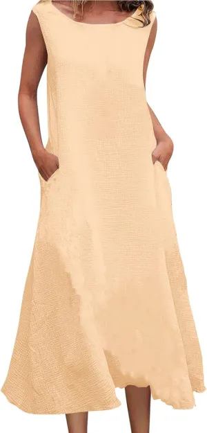 2025 Summer Plus Size Cotton Linen Tank Dress Women Boho Casual Beach Dresses Crew Neck Sleeveless Midi Sundress