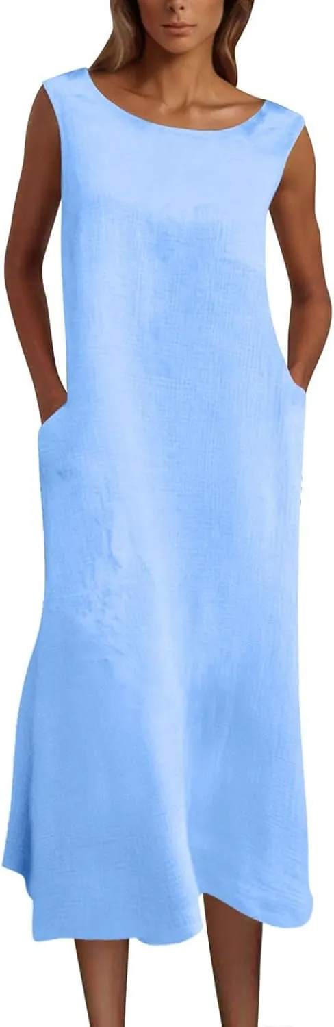 2025 Summer Plus Size Cotton Linen Tank Dress Women Boho Casual Beach Dresses Crew Neck Sleeveless Midi Sundress