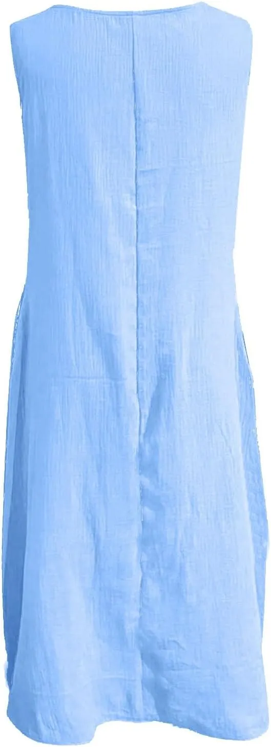 2025 Summer Plus Size Cotton Linen Tank Dress Women Boho Casual Beach Dresses Crew Neck Sleeveless Midi Sundress