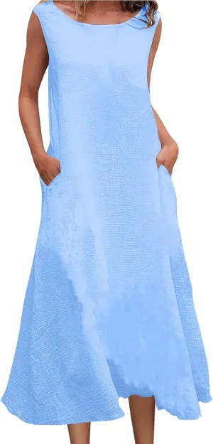 2025 Summer Plus Size Cotton Linen Tank Dress Women Boho Casual Beach Dresses Crew Neck Sleeveless Midi Sundress