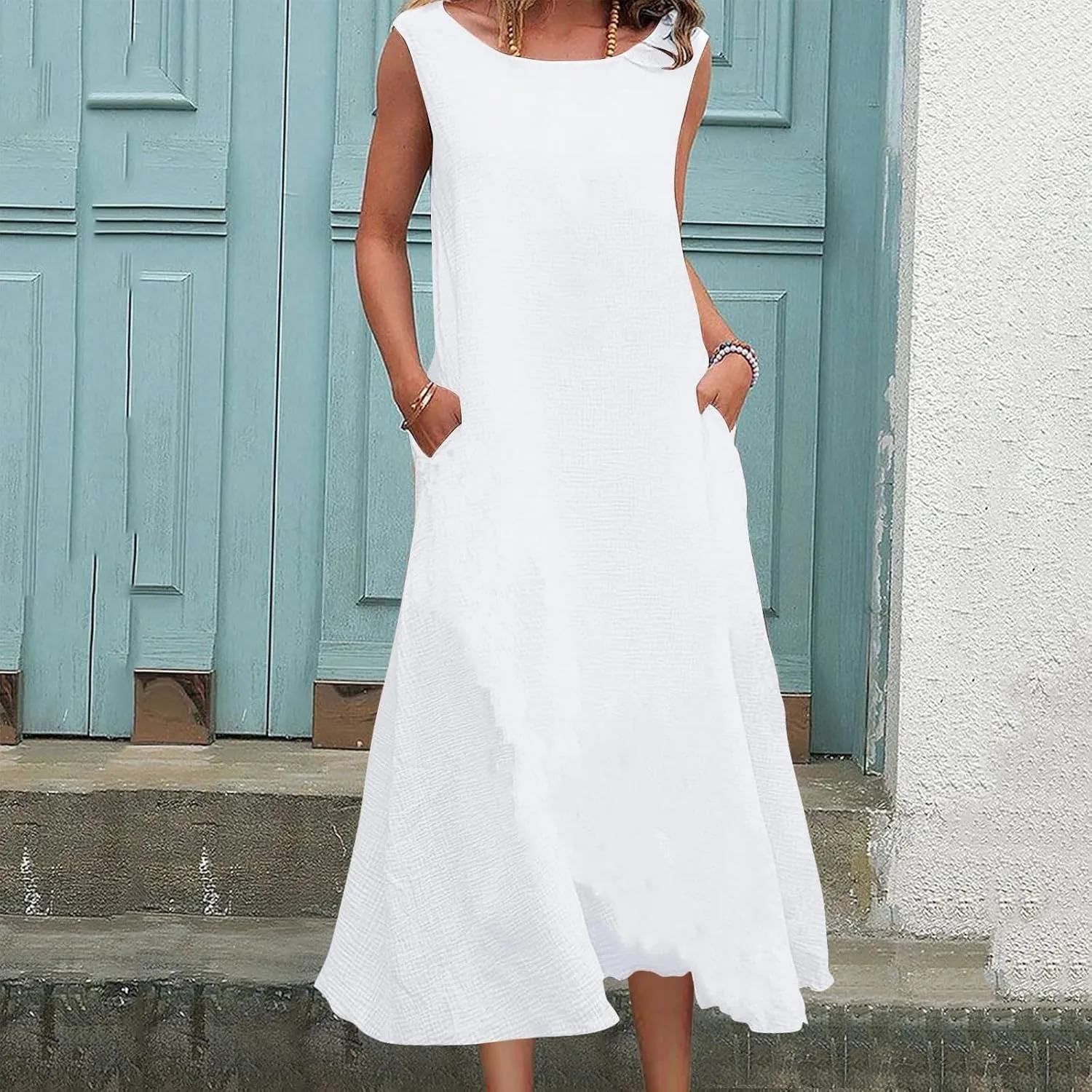 2025 Summer Plus Size Cotton Linen Tank Dress Women Boho Casual Beach Dresses Crew Neck Sleeveless Midi Sundress