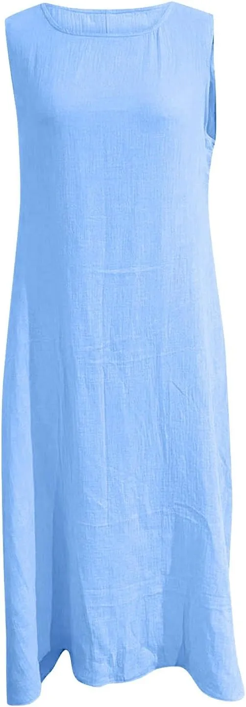 2025 Summer Plus Size Cotton Linen Tank Dress Women Boho Casual Beach Dresses Crew Neck Sleeveless Midi Sundress
