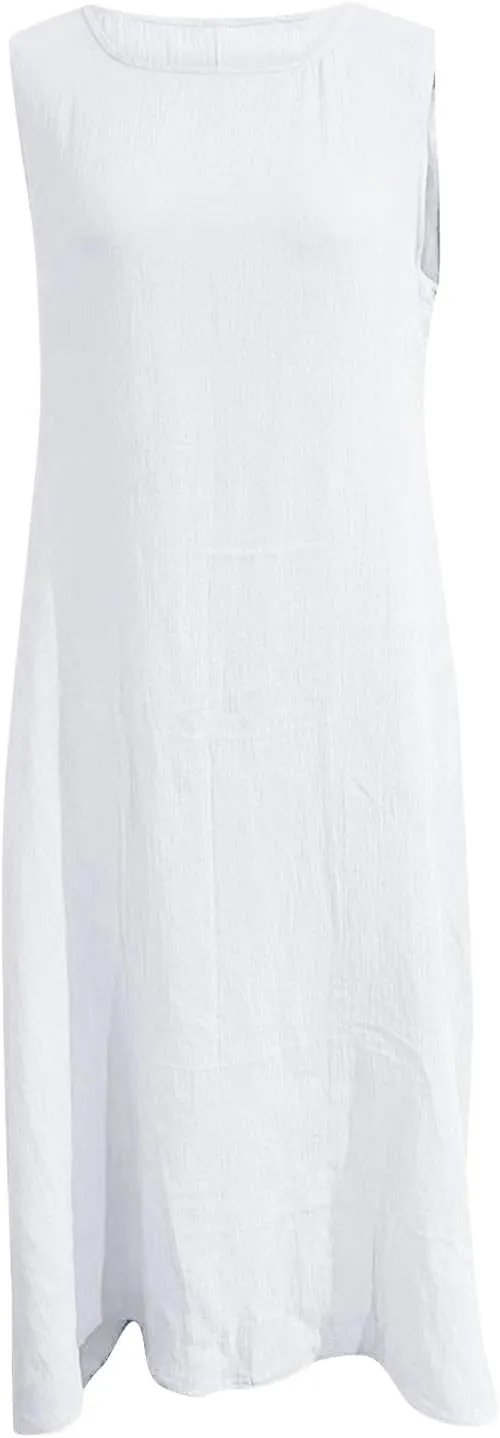 2025 Summer Plus Size Cotton Linen Tank Dress Women Boho Casual Beach Dresses Crew Neck Sleeveless Midi Sundress