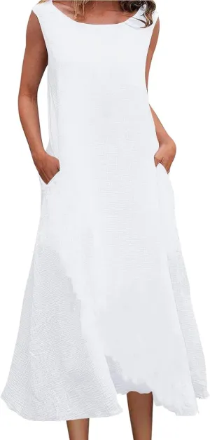 2025 Summer Plus Size Cotton Linen Tank Dress Women Boho Casual Beach Dresses Crew Neck Sleeveless Midi Sundress