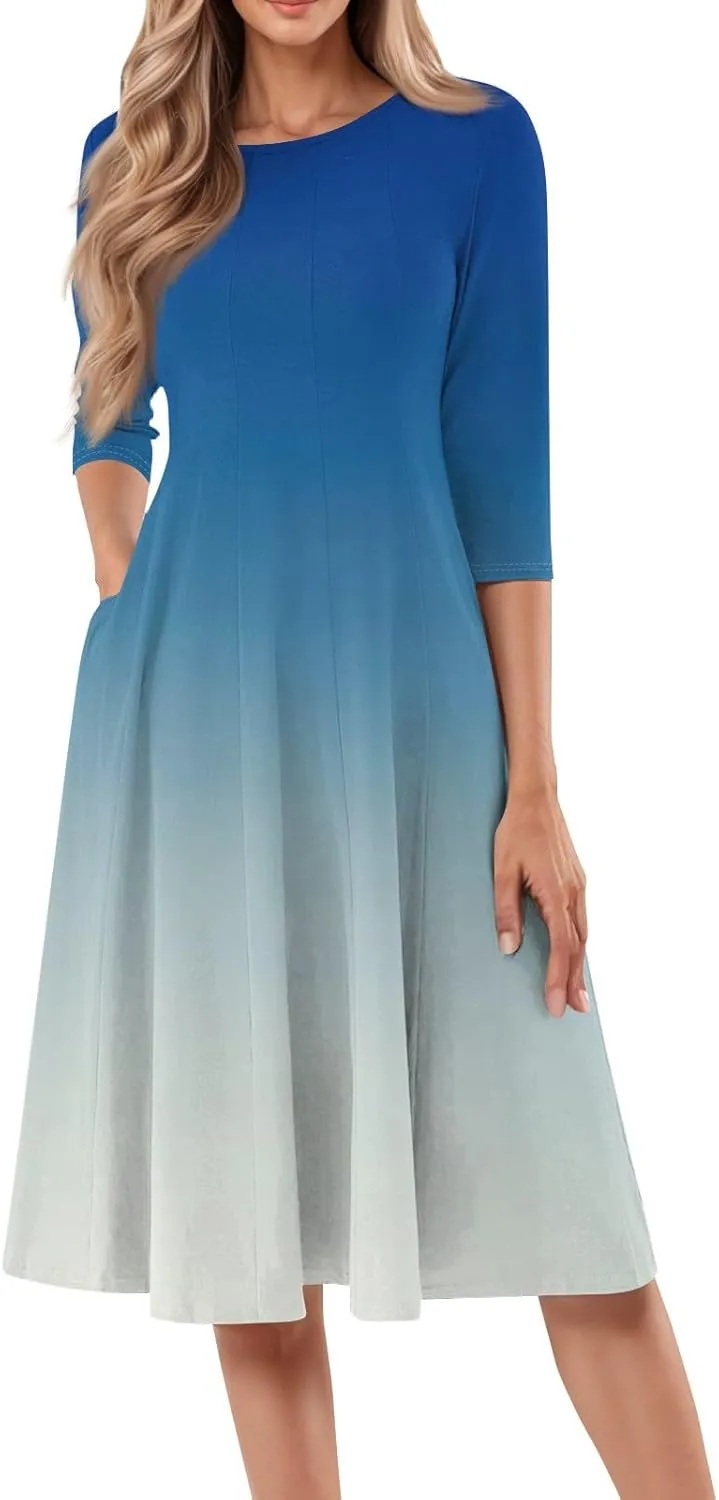 3/4 Sleeve Dresses for Women 2025 Spring Round Neck Pleated Church Dress with Pockets