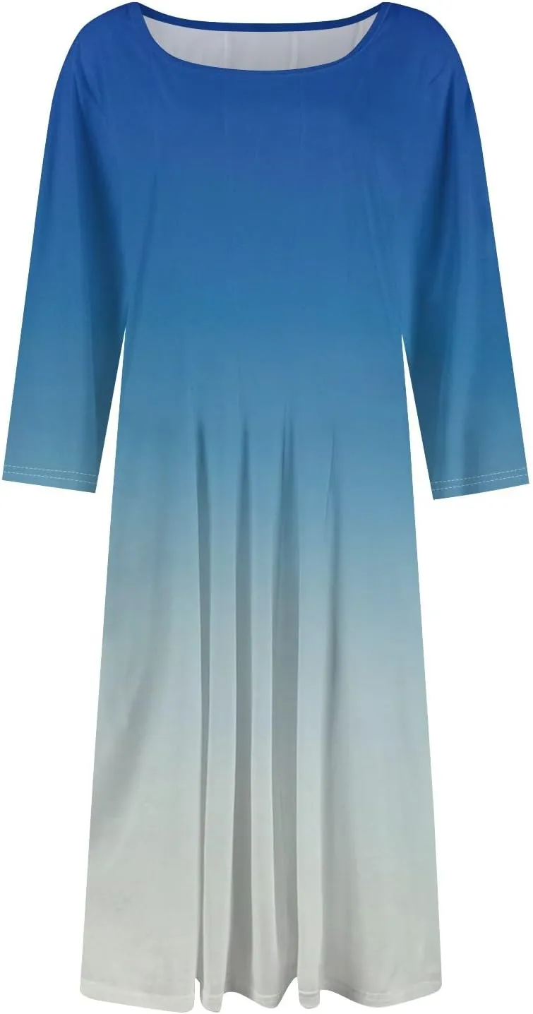 3/4 Sleeve Dresses for Women 2025 Spring Round Neck Pleated Church Dress with Pockets