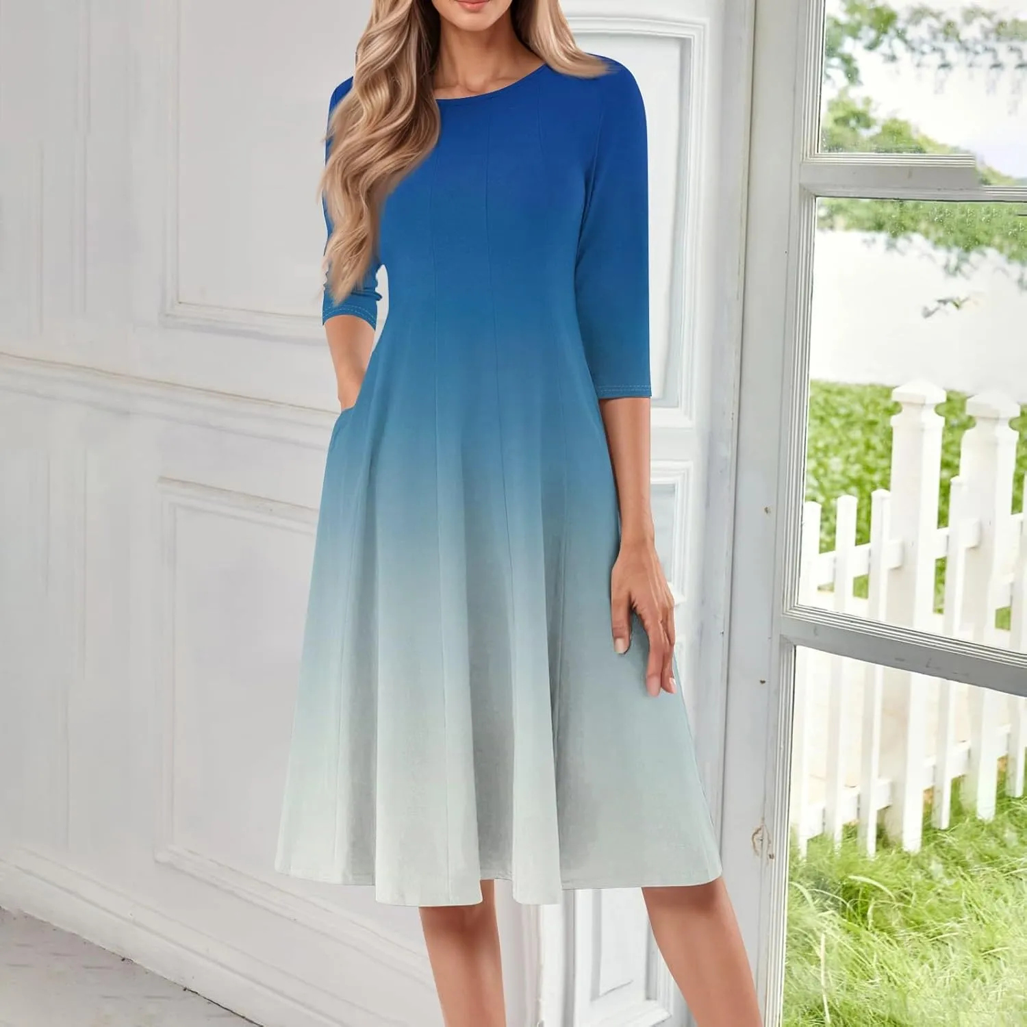 3/4 Sleeve Dresses for Women 2025 Spring Round Neck Pleated Church Dress with Pockets