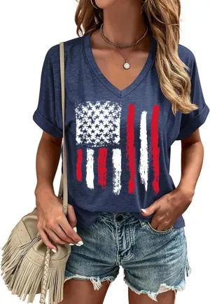 4th of July Patriotic V Neck Shirt for Women Funny American Flag Graphic Tee Summer Short Sleeve T-Shirt Blouse