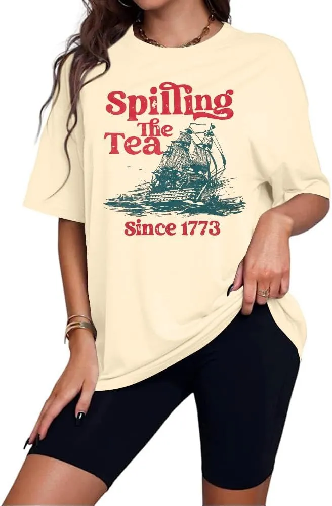 4th of July Shirts Women Spilling The Tea Since 1773 Shirt Patriotic T-Shirt American History Teacher Vintage Tee Tops