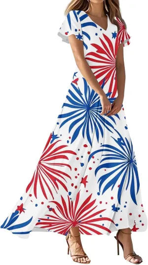 ADHOWBEW Red White and Blue Dress Memorial Days V Neck Summer Patriotic USA Short Sleeve American Flag 2025 Dresses
