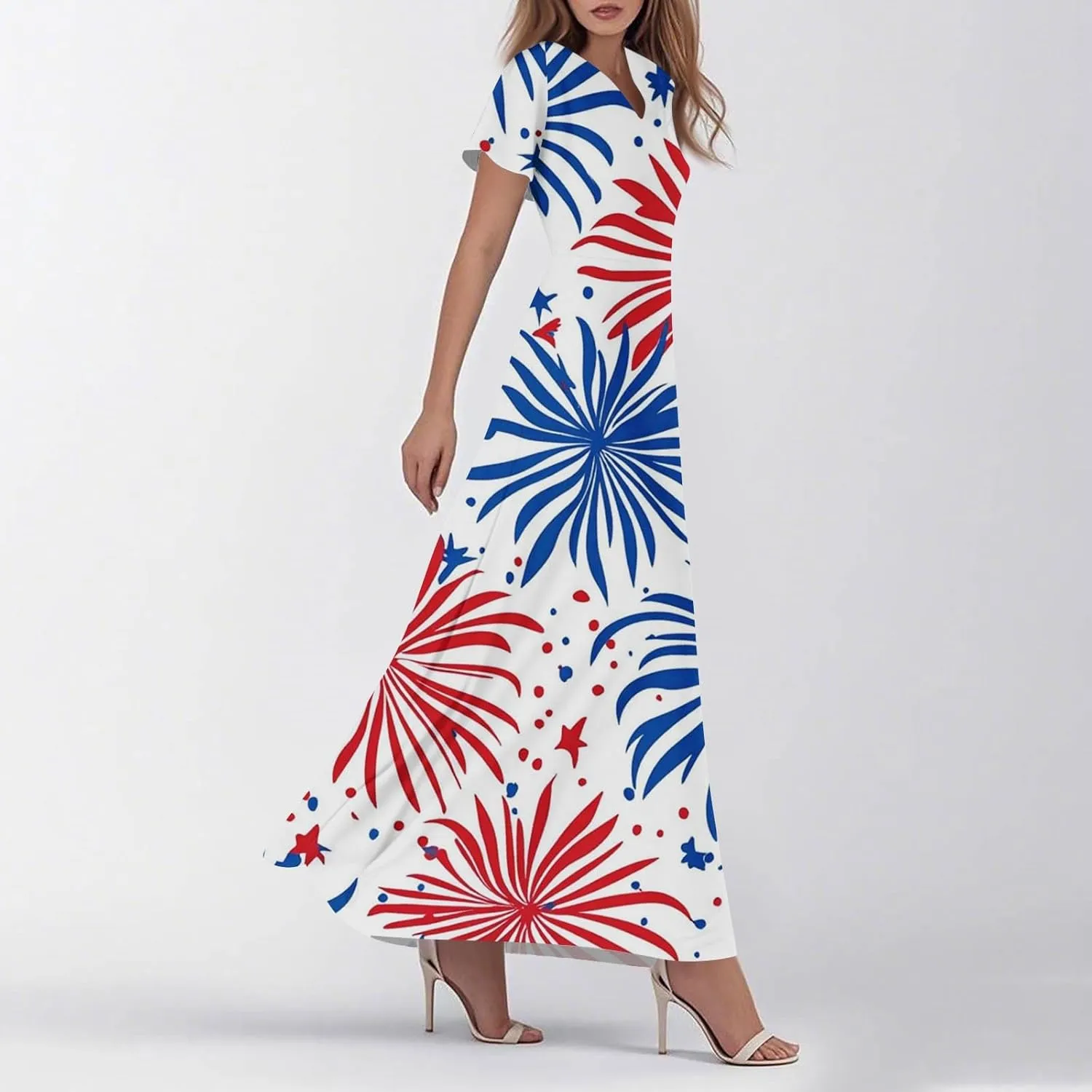 ADHOWBEW Red White and Blue Dress Memorial Days V Neck Summer Patriotic USA Short Sleeve American Flag 2025 Dresses