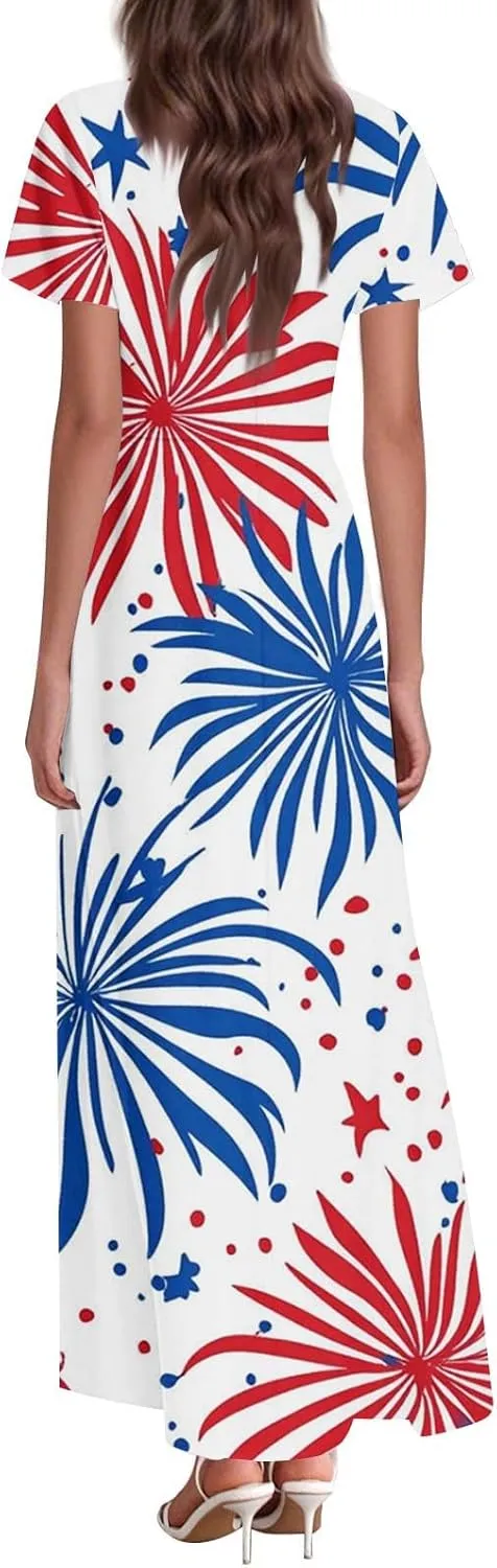 ADHOWBEW Red White and Blue Dress Memorial Days V Neck Summer Patriotic USA Short Sleeve American Flag 2025 Dresses