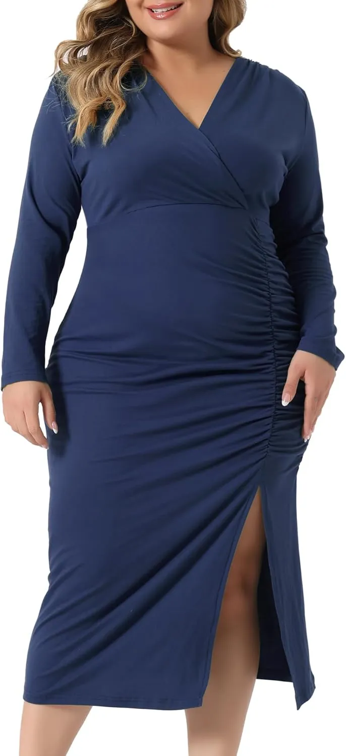 Agnes Orinda Plus Size Dresses for Women Sexy Long Sleeve Deep V Neck Ruched Slit Wedding Cocktail Bodycon Dress