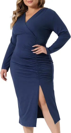 Agnes Orinda Plus Size Dresses for Women Sexy Long Sleeve Deep V Neck Ruched Slit Wedding Cocktail Bodycon Dress