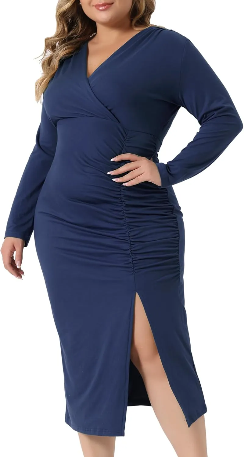 Agnes Orinda Plus Size Dresses for Women Sexy Long Sleeve Deep V Neck Ruched Slit Wedding Cocktail Bodycon Dress