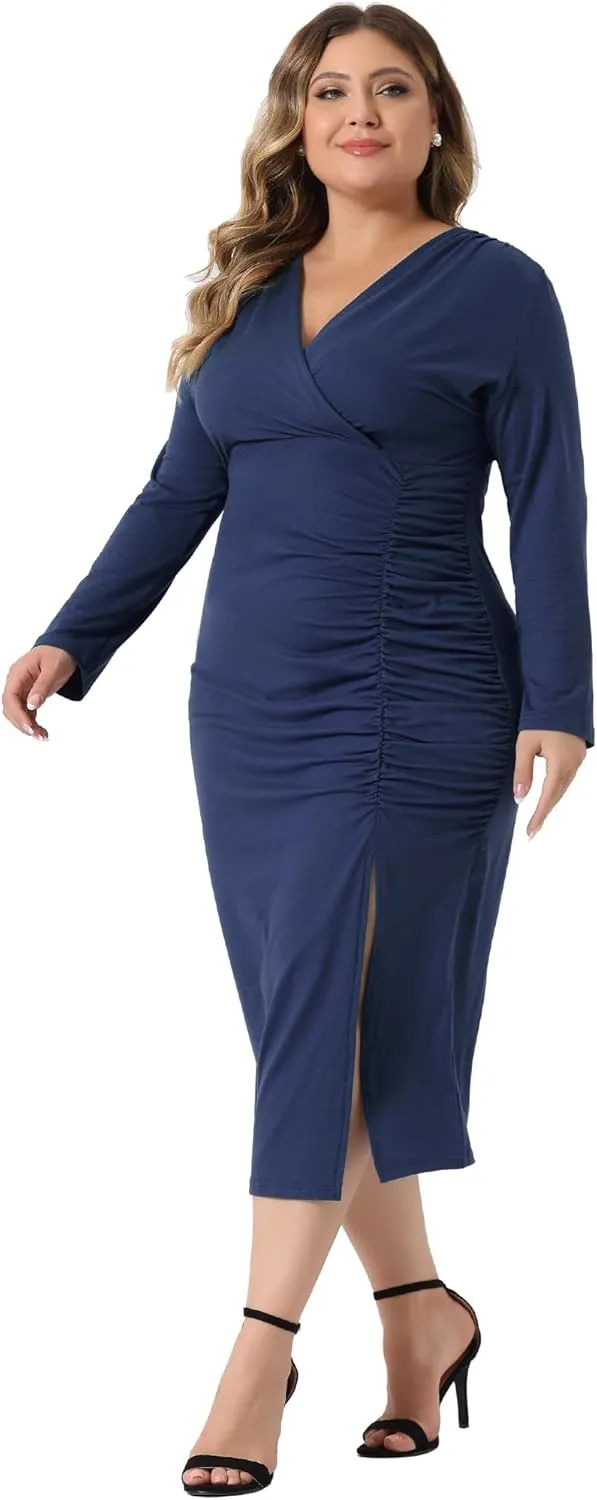 Agnes Orinda Plus Size Dresses for Women Sexy Long Sleeve Deep V Neck Ruched Slit Wedding Cocktail Bodycon Dress