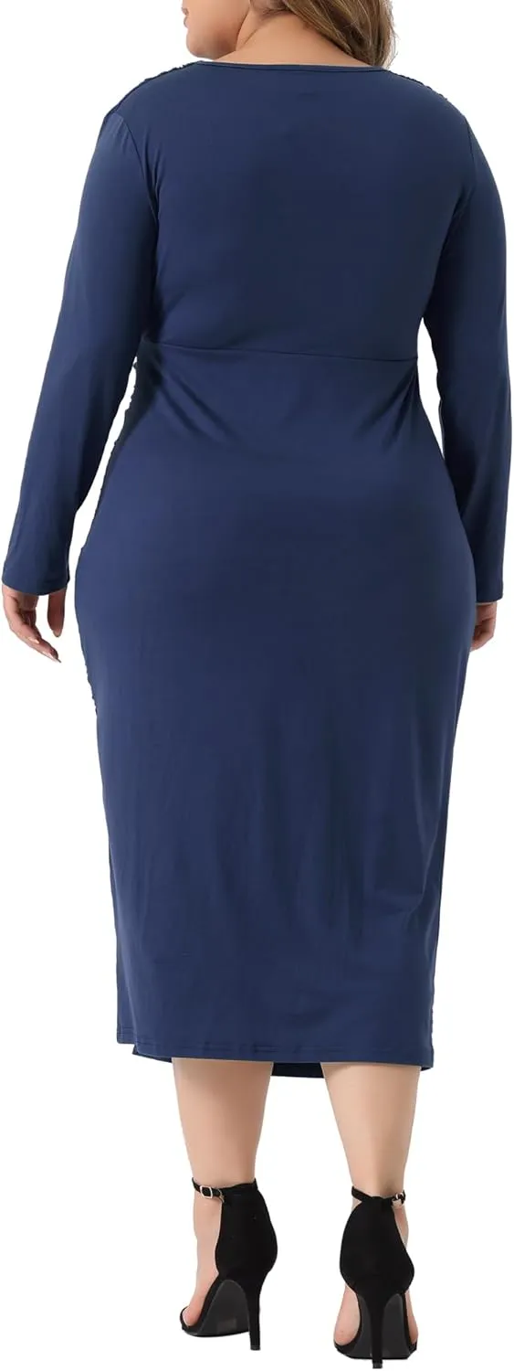 Agnes Orinda Plus Size Dresses for Women Sexy Long Sleeve Deep V Neck Ruched Slit Wedding Cocktail Bodycon Dress