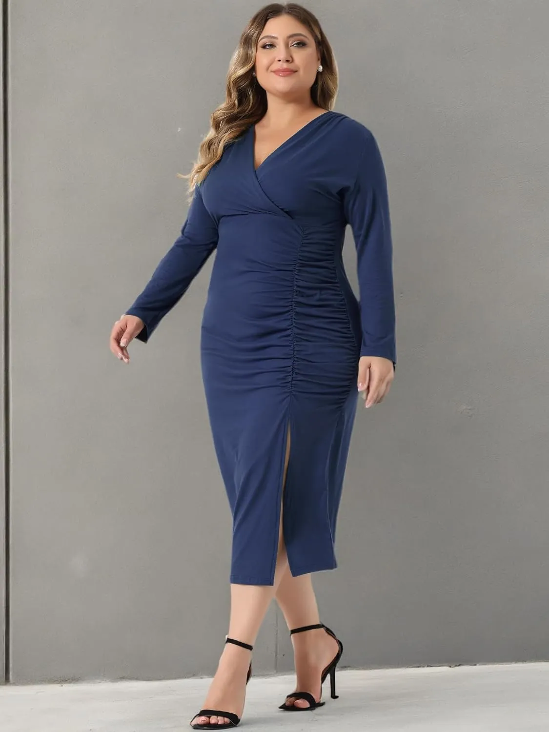 Agnes Orinda Plus Size Dresses for Women Sexy Long Sleeve Deep V Neck Ruched Slit Wedding Cocktail Bodycon Dress