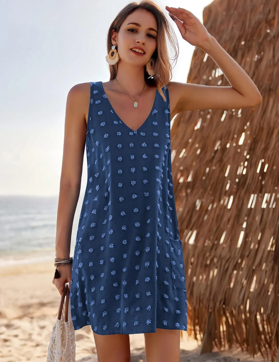 AI'MAGE Women Beach Coverups Swiss Polka Dot Bathing Suit Cover Up Sleeveless V Neck Dress with 2 Pockets