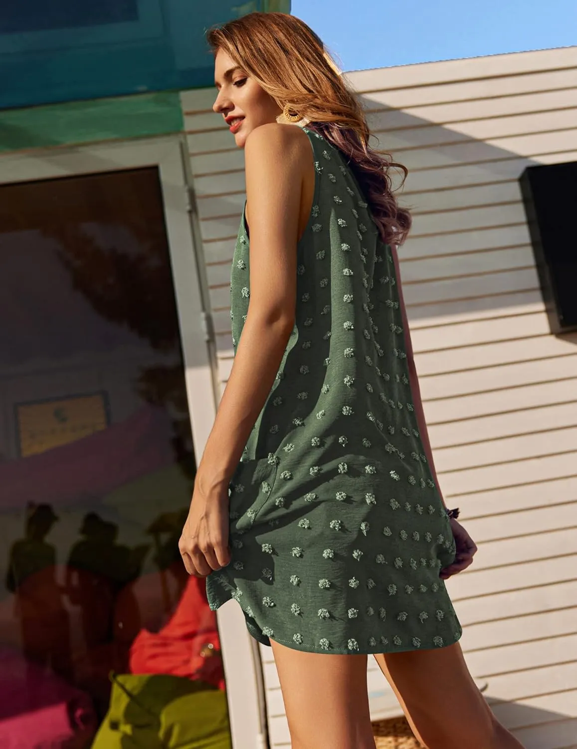 AI'MAGE Women Beach Coverups Swiss Polka Dot Bathing Suit Cover Up Sleeveless V Neck Dress with 2 Pockets