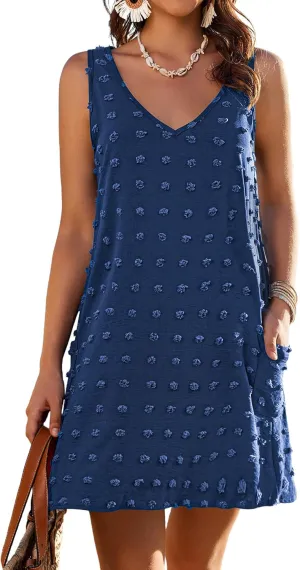 AI'MAGE Women Beach Coverups Swiss Polka Dot Bathing Suit Cover Up Sleeveless V Neck Dress with 2 Pockets
