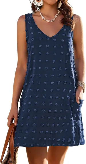 AI'MAGE Women Beach Coverups Swiss Polka Dot Bathing Suit Cover Up Sleeveless V Neck Dress with 2 Pockets