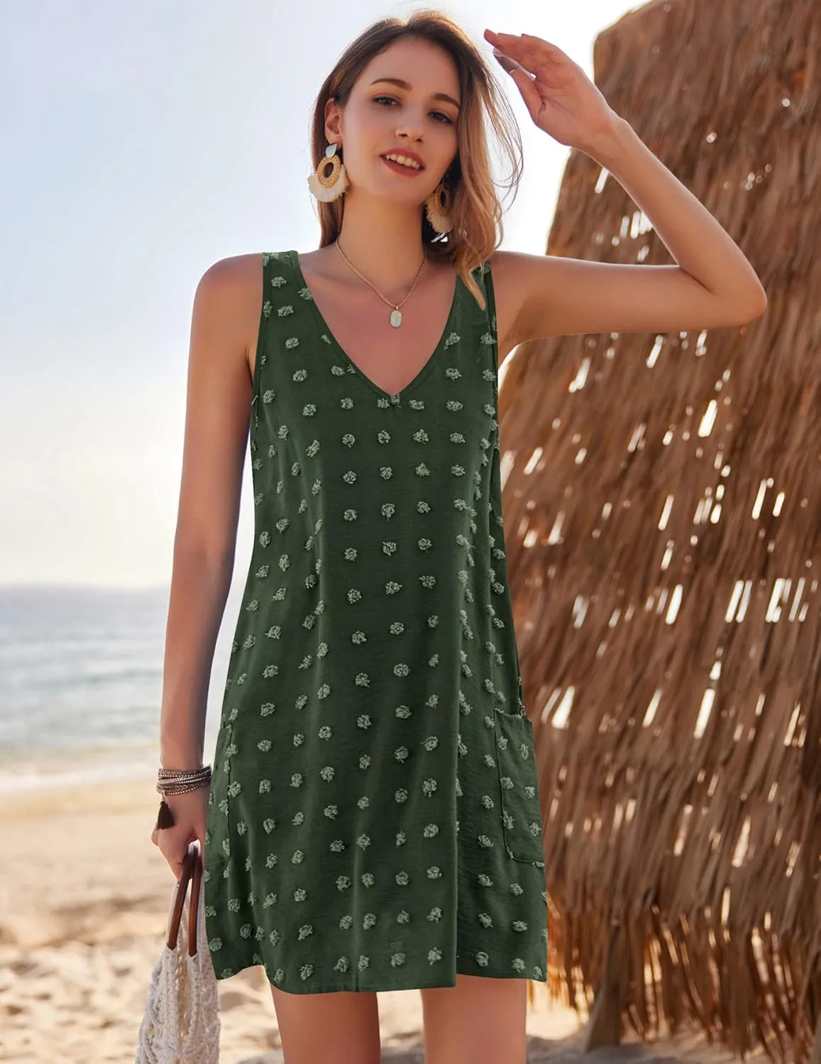 AI'MAGE Women Beach Coverups Swiss Polka Dot Bathing Suit Cover Up Sleeveless V Neck Dress with 2 Pockets