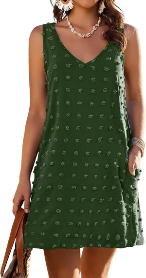 AI'MAGE Women Beach Coverups Swiss Polka Dot Bathing Suit Cover Up Sleeveless V Neck Dress with 2 Pockets