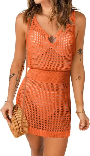 AI'MAGE Womens Beach Cover Up Dress Crochet Hollow Out Bathing Suit Crew Neck Sleeveless Sundresses Summer Swimwear S-XXL