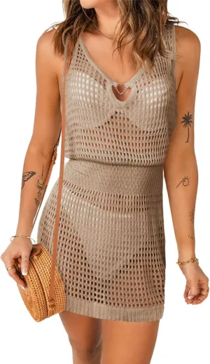 AI'MAGE Womens Beach Cover Up Dress Crochet Hollow Out Bathing Suit Crew Neck Sleeveless Sundresses Summer Swimwear S-XXL