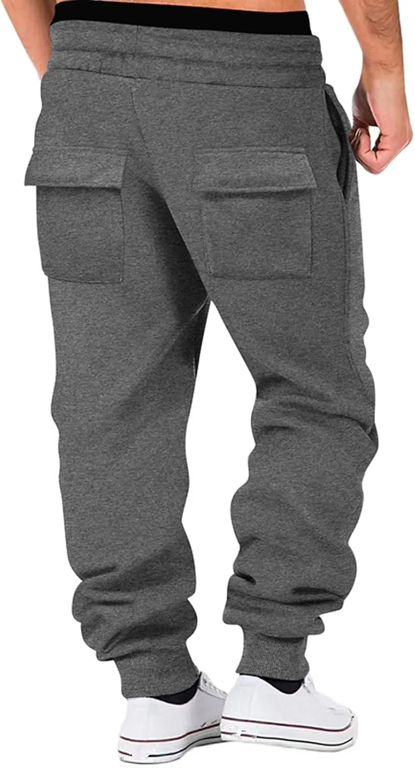 Baggy Cargo Sweatpants for Men Drawstring Waist Fleece Lined Joggers with Pockets Athletic Workout Pants Trousers