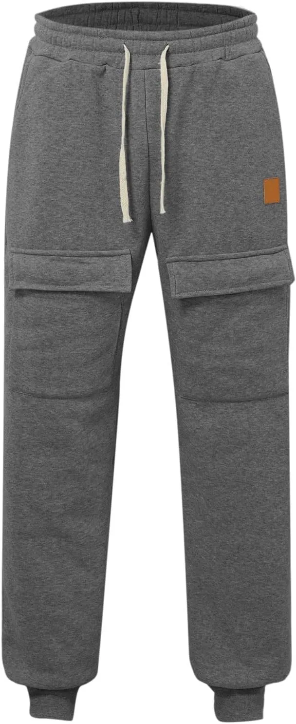 Baggy Cargo Sweatpants for Men Drawstring Waist Fleece Lined Joggers with Pockets Athletic Workout Pants Trousers