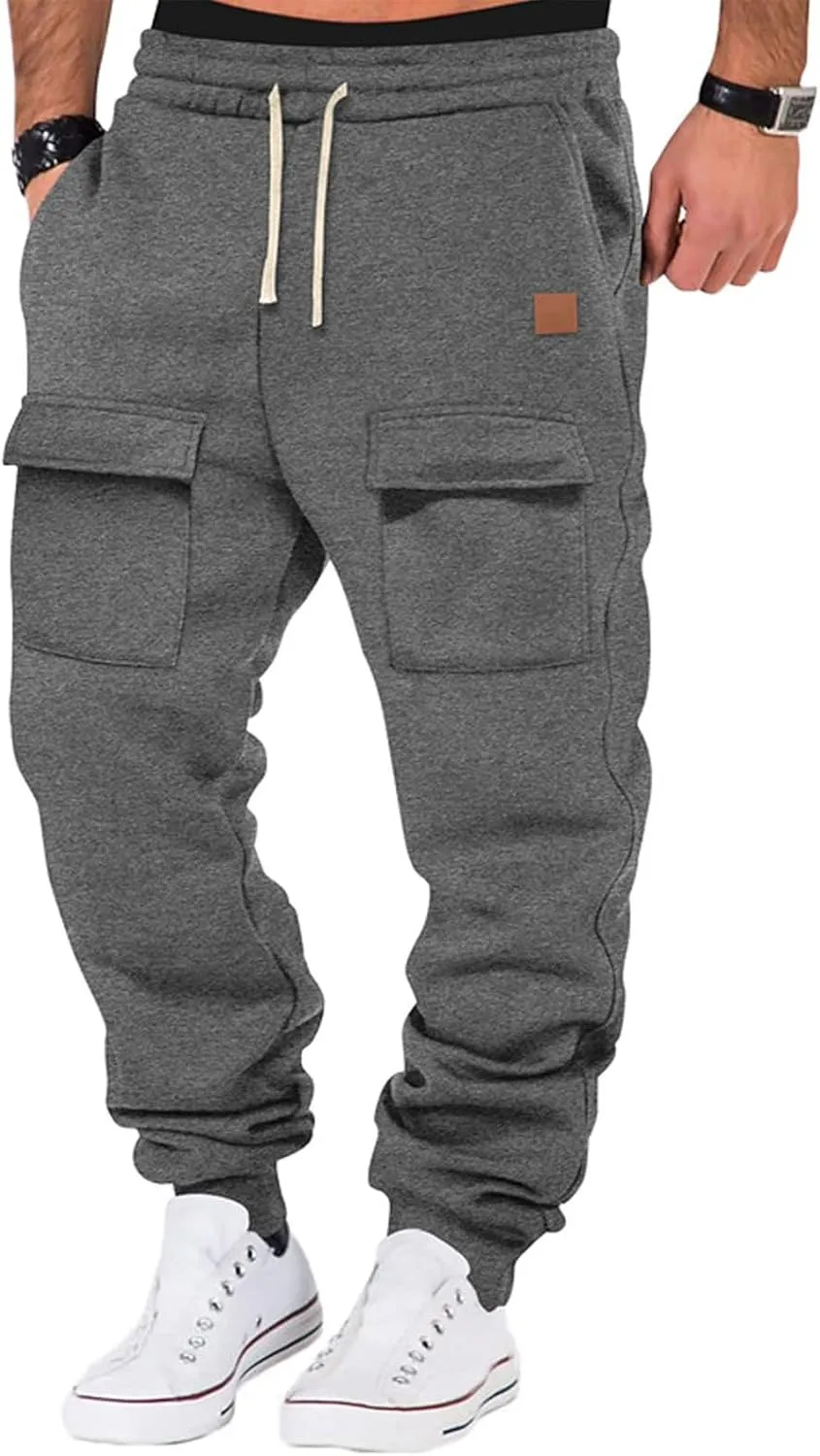 Baggy Cargo Sweatpants for Men Drawstring Waist Fleece Lined Joggers with Pockets Athletic Workout Pants Trousers
