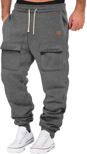 Baggy Cargo Sweatpants for Men Drawstring Waist Fleece Lined Joggers with Pockets Athletic Workout Pants Trousers