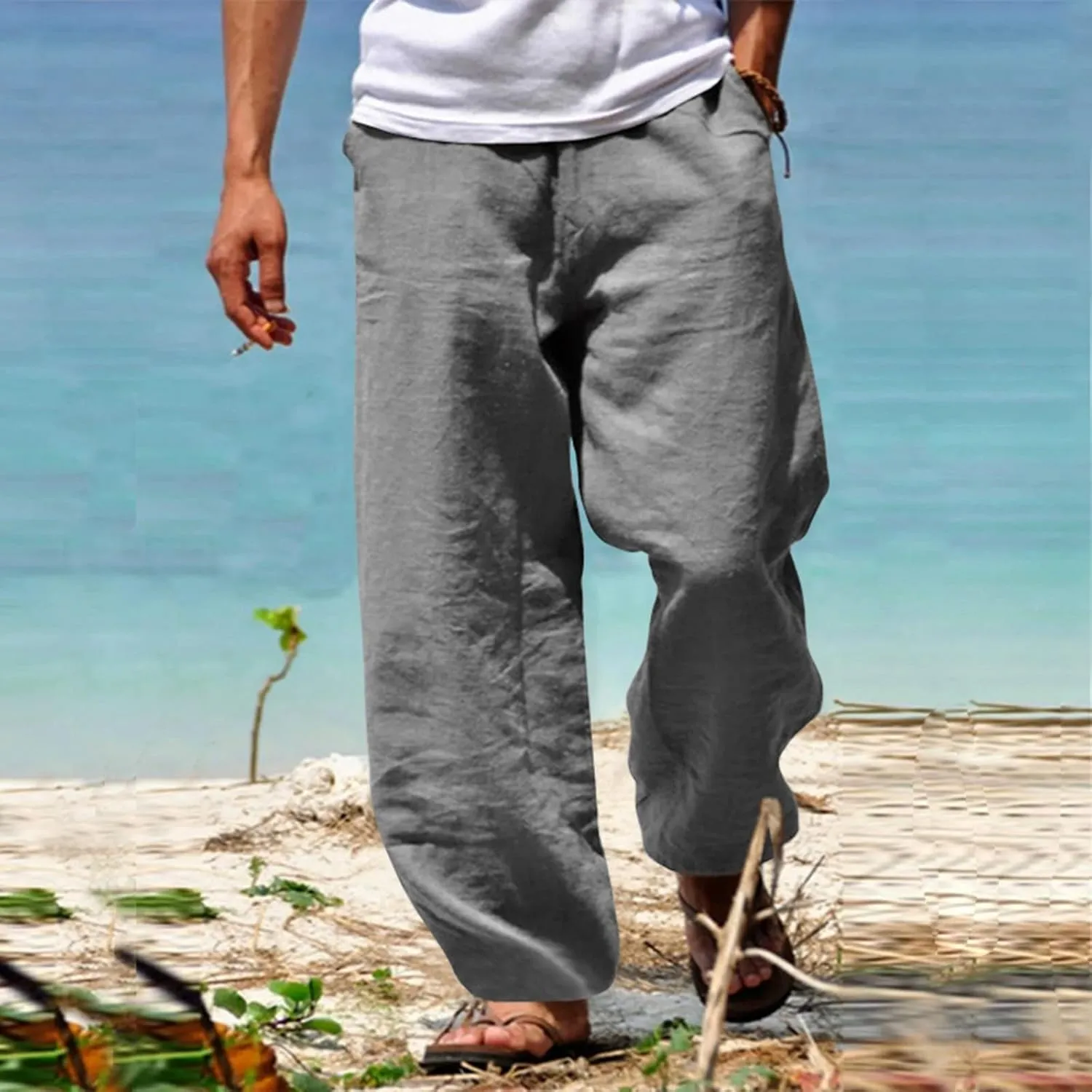 Baggy Linen Boho Yoga Casual Drop Crotch Trouser Elastic Waist Beach Pants Men Cotton Baggy Hippie Yoga Harem Pants