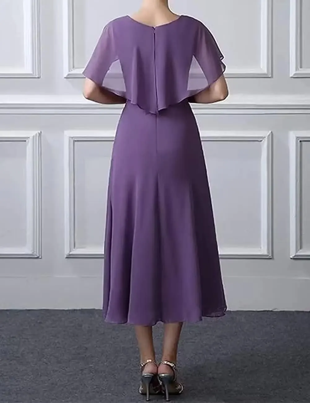 Bat Sleeves Mother of The Bride Dresses Tea Length Pleated Chiffon Cloak Formal Evening Gown for Wedding