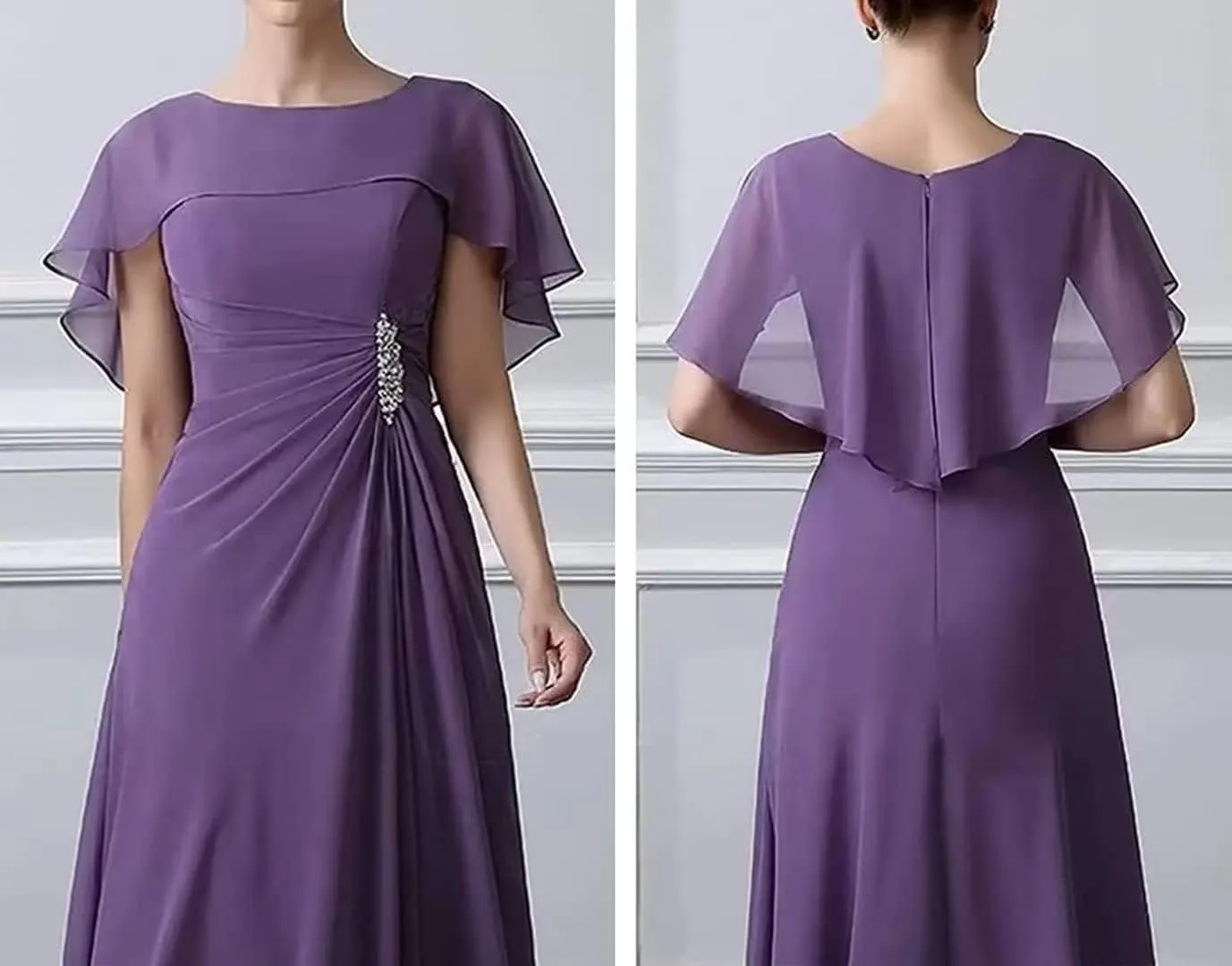 Bat Sleeves Mother of The Bride Dresses Tea Length Pleated Chiffon Cloak Formal Evening Gown for Wedding