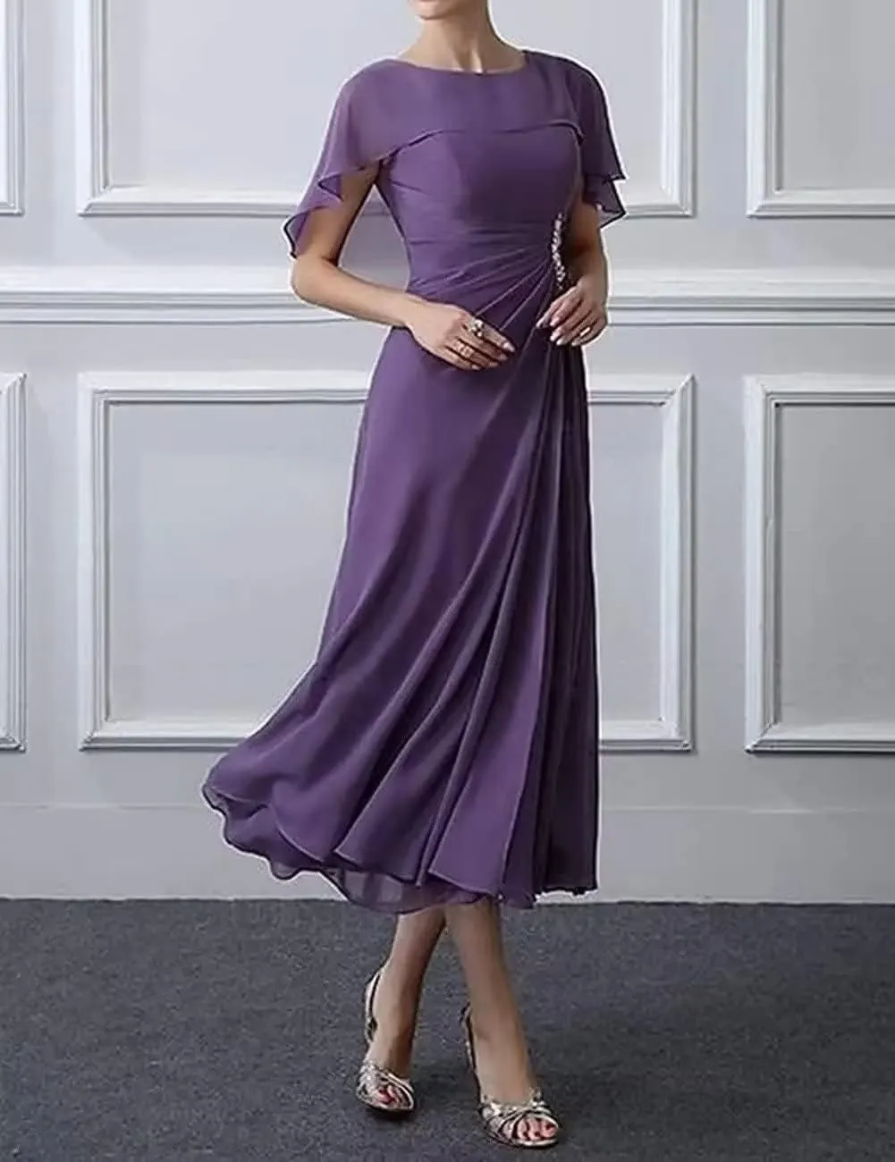 Bat Sleeves Mother of The Bride Dresses Tea Length Pleated Chiffon Cloak Formal Evening Gown for Wedding