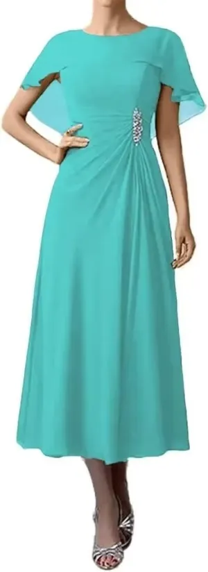 Bat Sleeves Mother of The Bride Dresses Tea Length Pleated Chiffon Cloak Formal Evening Gown for Wedding