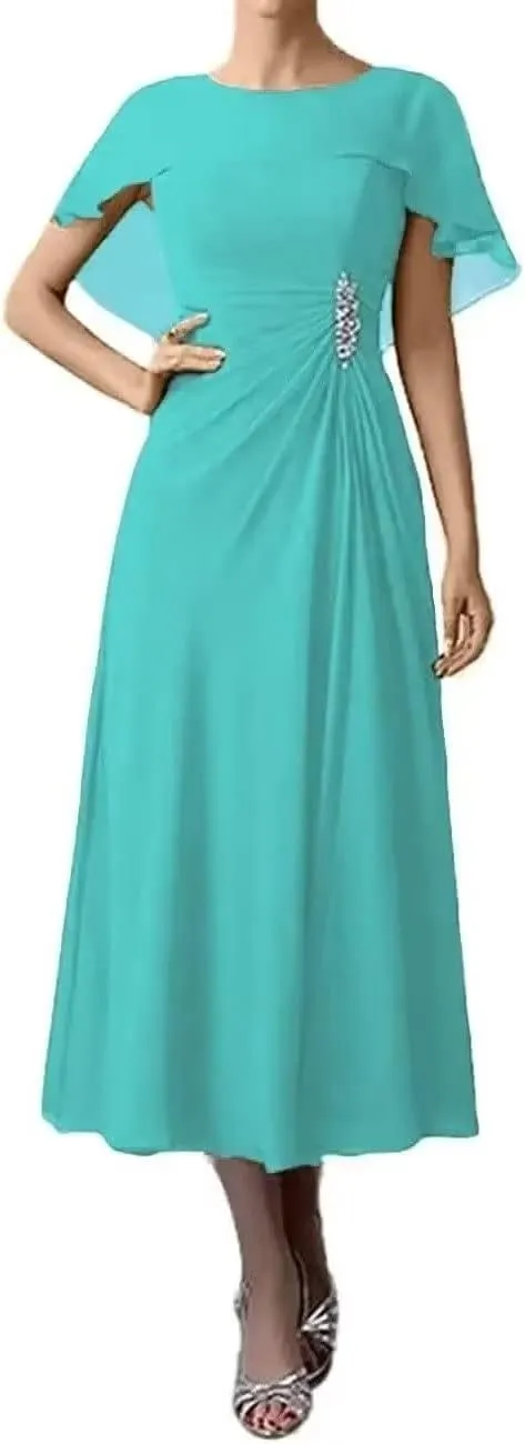 Bat Sleeves Mother of The Bride Dresses Tea Length Pleated Chiffon Cloak Formal Evening Gown for Wedding