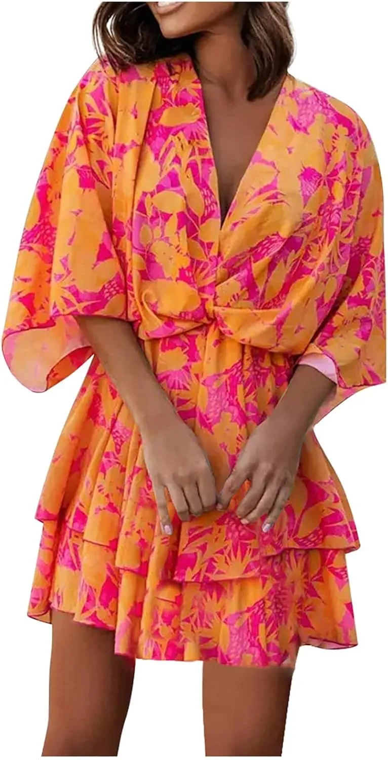 Beach Dresses for Women Vacation Short Batwing Sleeve V Neck Summer Trendy Dress Ruffle Boho Mini Sundress