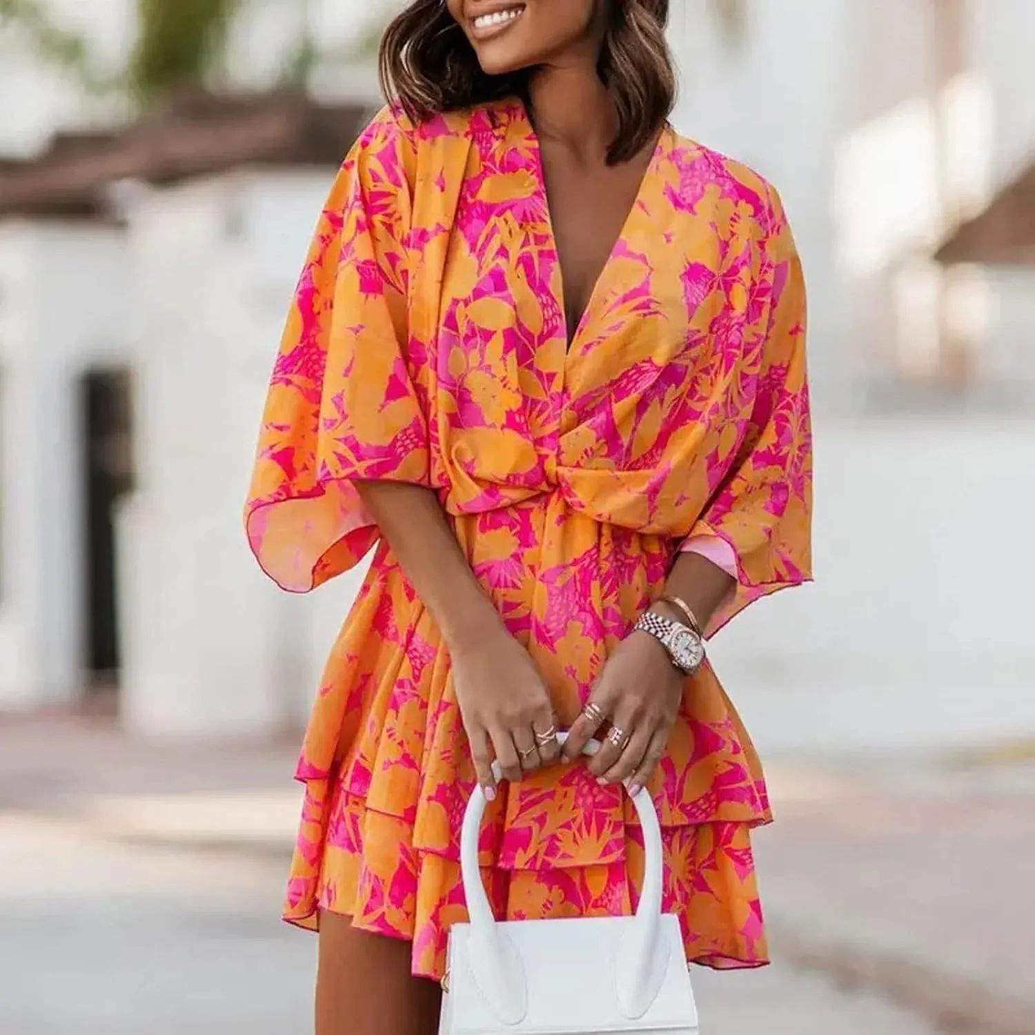 Beach Dresses for Women Vacation Short Batwing Sleeve V Neck Summer Trendy Dress Ruffle Boho Mini Sundress