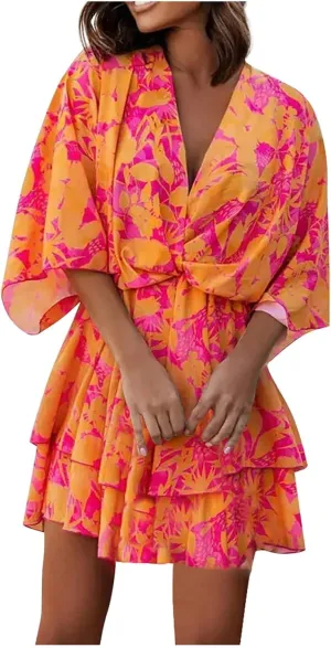 Beach Dresses for Women Vacation Short Batwing Sleeve V Neck Summer Trendy Dress Ruffle Boho Mini Sundress