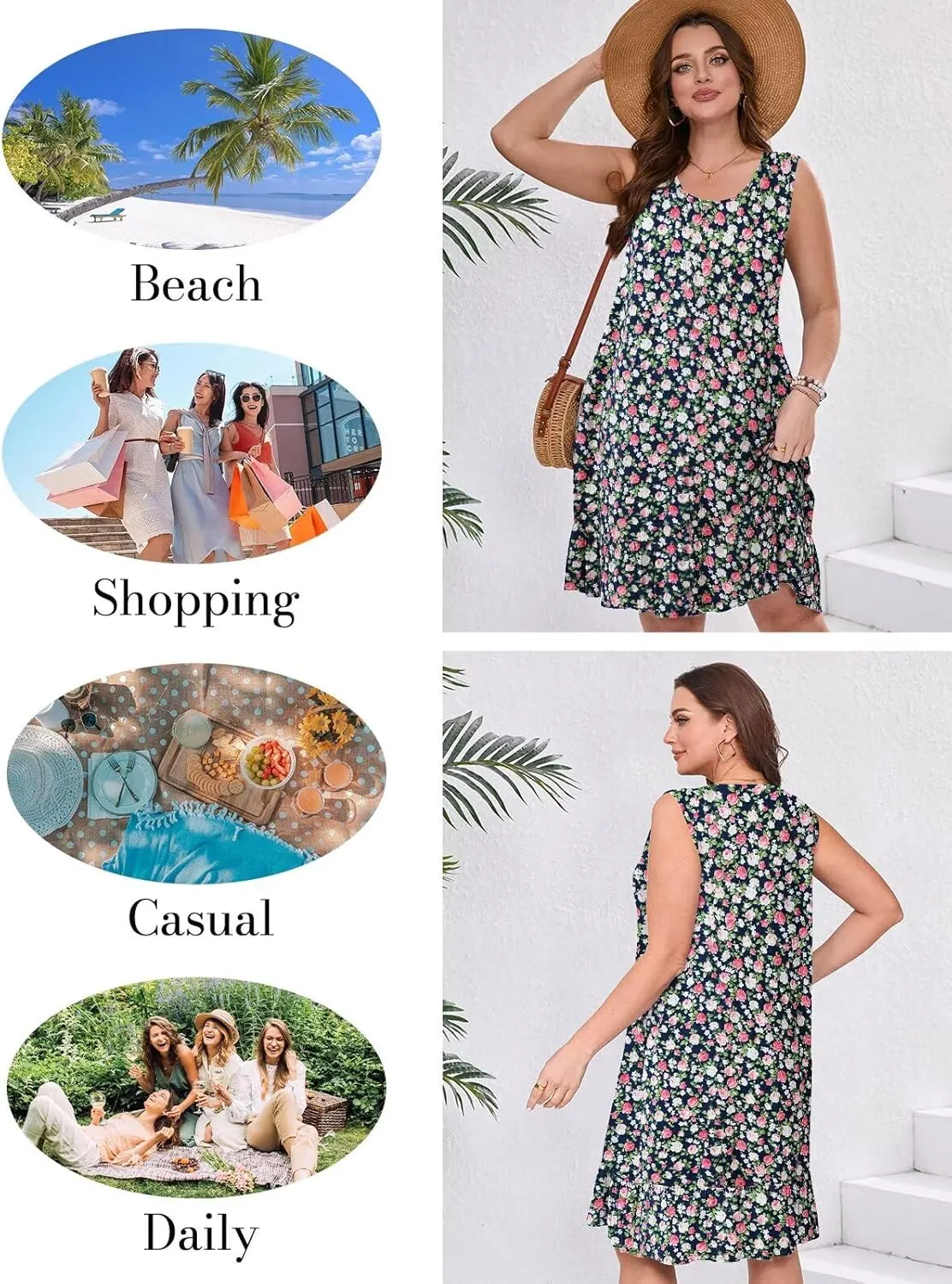 BELAROI Plus Size Sundress Casual Summer Loose Tank Dress Beach Cover Ups Vacation Outfits Pockets Ruffle Hem