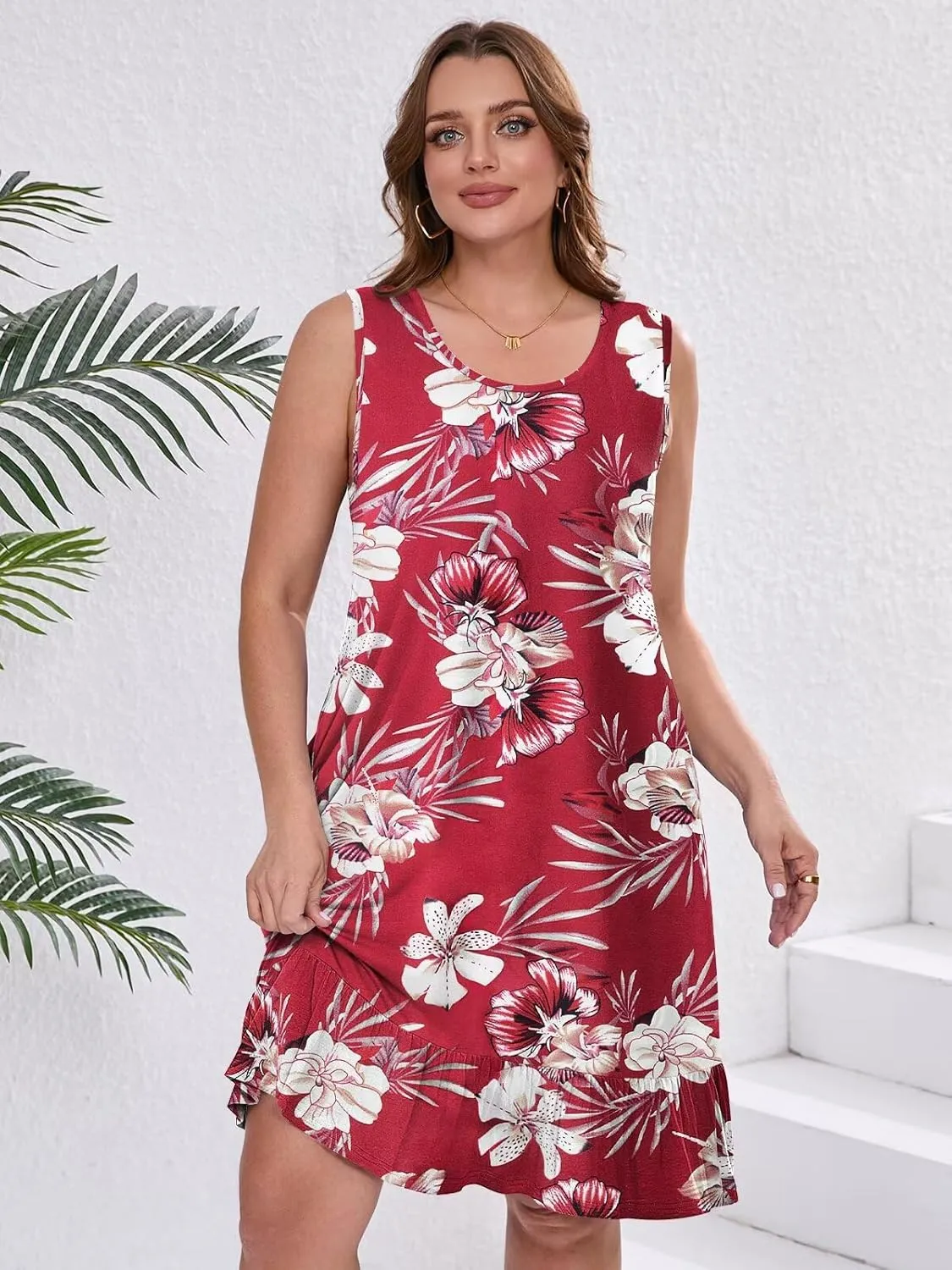 BELAROI Plus Size Sundress Casual Summer Loose Tank Dress Beach Cover Ups Vacation Outfits Pockets Ruffle Hem