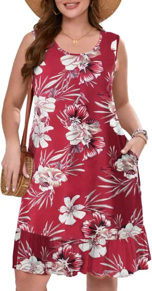 BELAROI Plus Size Sundress Casual Summer Loose Tank Dress Beach Cover Ups Vacation Outfits Pockets Ruffle Hem