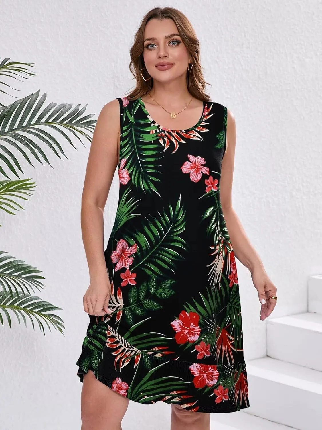 BELAROI Plus Size Sundress Casual Summer Loose Tank Dress Beach Cover Ups Vacation Outfits Pockets Ruffle Hem