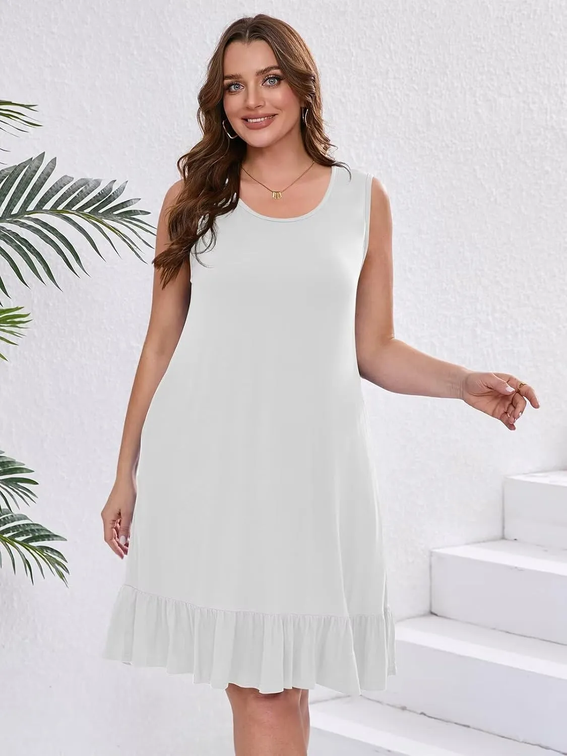 BELAROI Plus Size Sundress Casual Summer Loose Tank Dress Beach Cover Ups Vacation Outfits Pockets Ruffle Hem